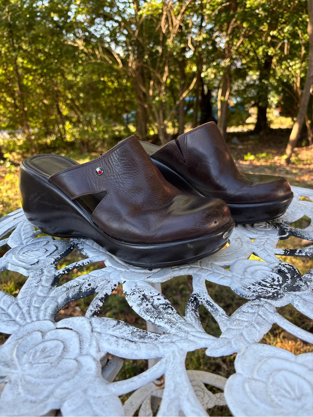 Vintage 90s Tommy Hilfiger Brown Leather Wedge Mules Chunky Clogs Y2K 11M